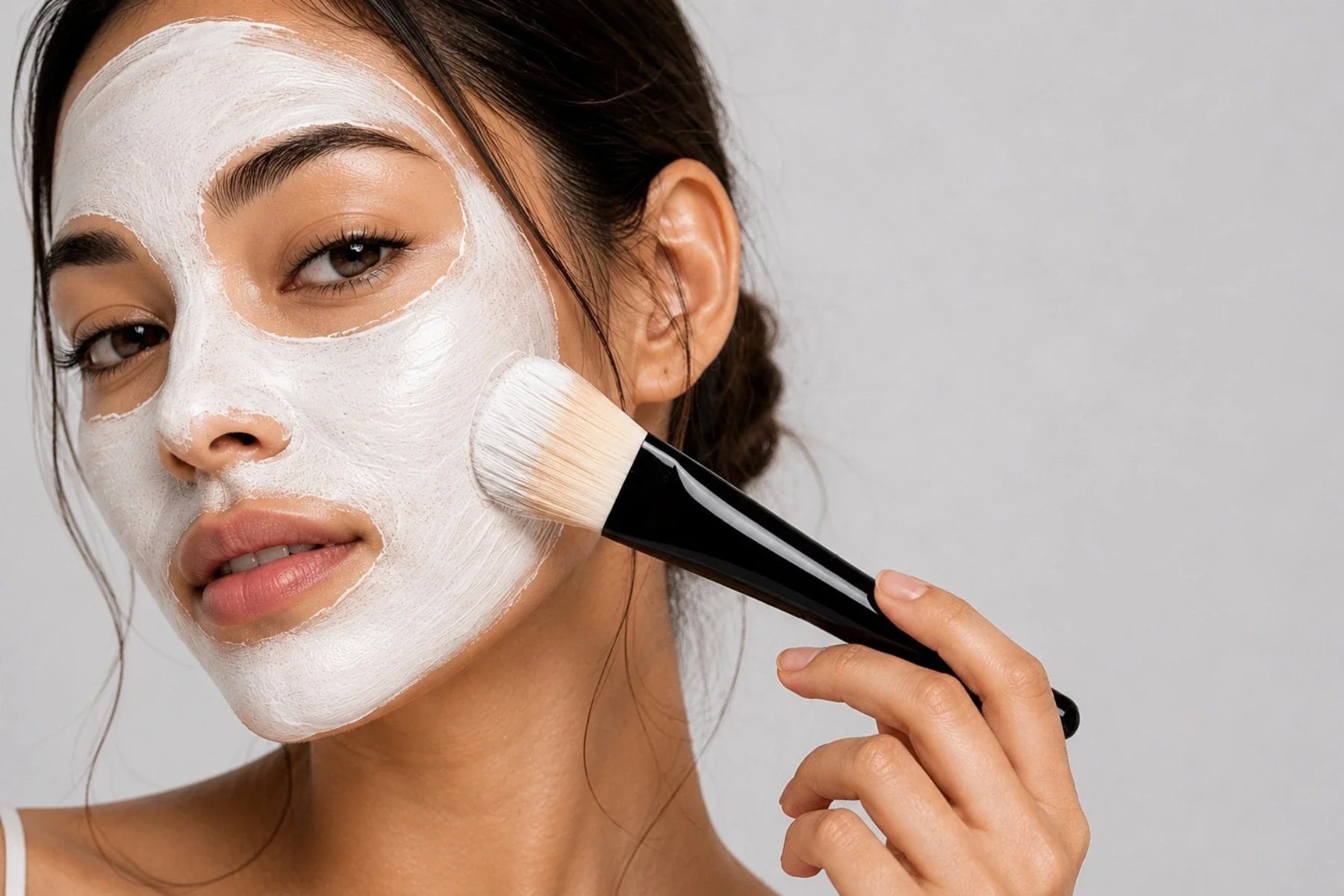 Woman applying Biba Los Angeles Purifying Zinc Mask with a facial brush during a professional skincare treatment.
