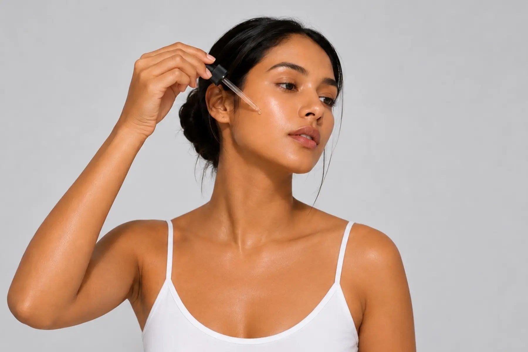 Biba Los Angeles serum collection banner featuring a woman applying facial serum with a dropper to healthy, glowing skin. I slightly prefer the second option because it naturally includes your brand name, which can help reinforce branded search.