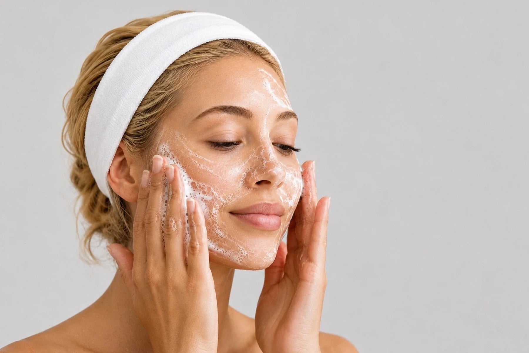 Blonde woman wearing a white spa headband gently cleansing her face with a foaming facial cleanser against a seamless light gray background.