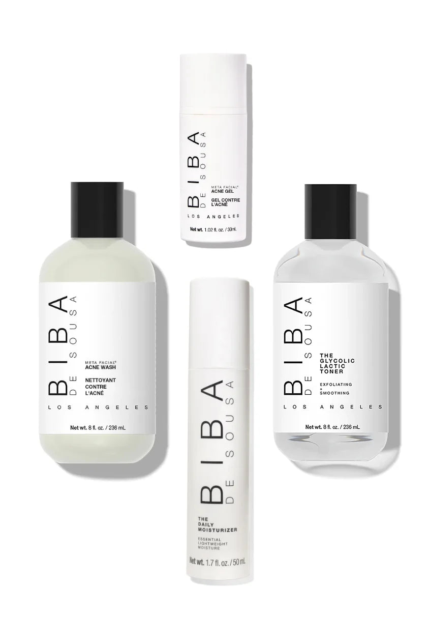 Biba Los Angeles Acne Starter Kit featuring Acne Wash, Glycolic Lactic Toner, Daily Moisturizer, and Acne Gel for acne-prone and congested skin.