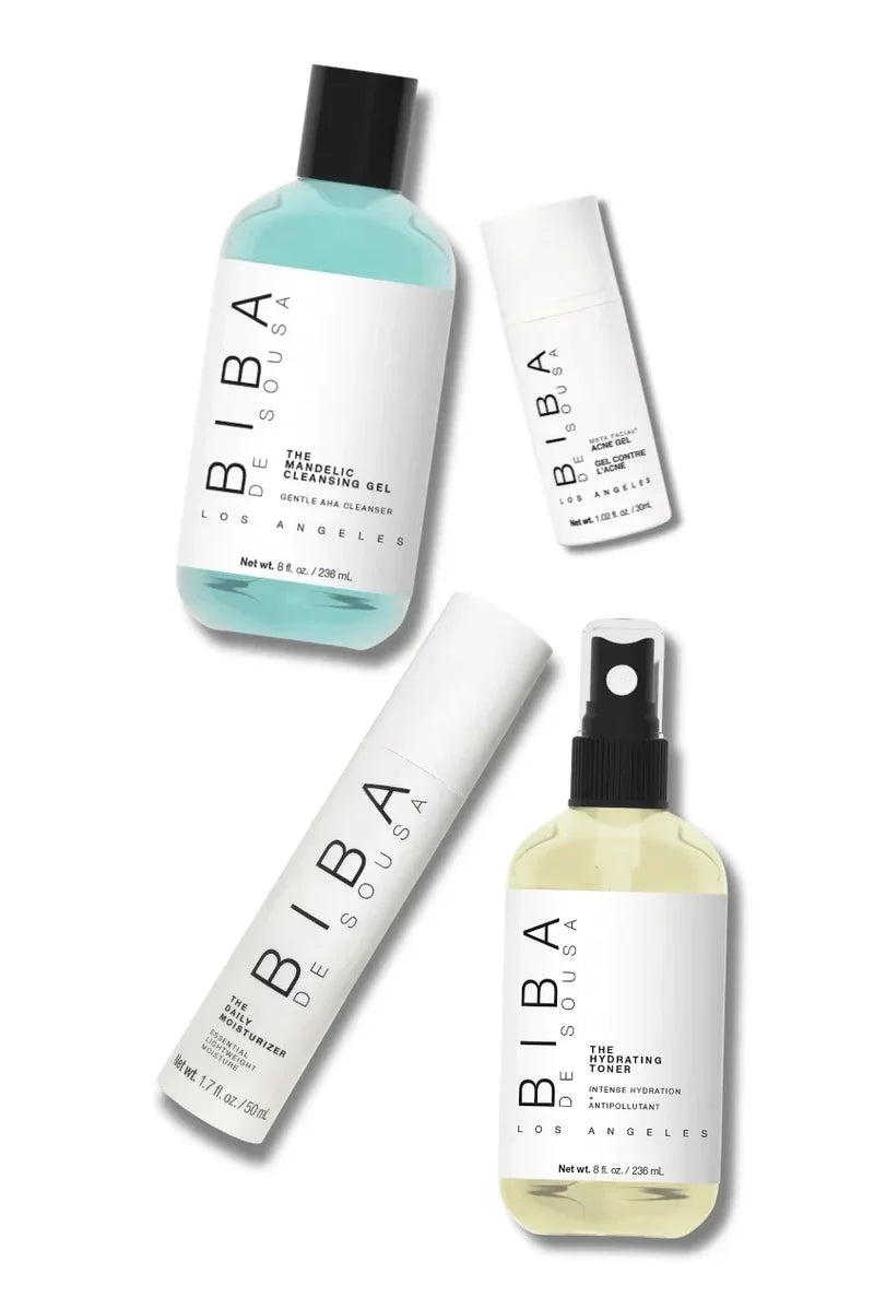 Biba Los Angeles Acne Starter Kit for Sensitive Skin featuring Mandelic Cleansing Gel, Hydrating Toner, Daily Moisturizer, and Acne Gel for sensitive acne-prone skin.