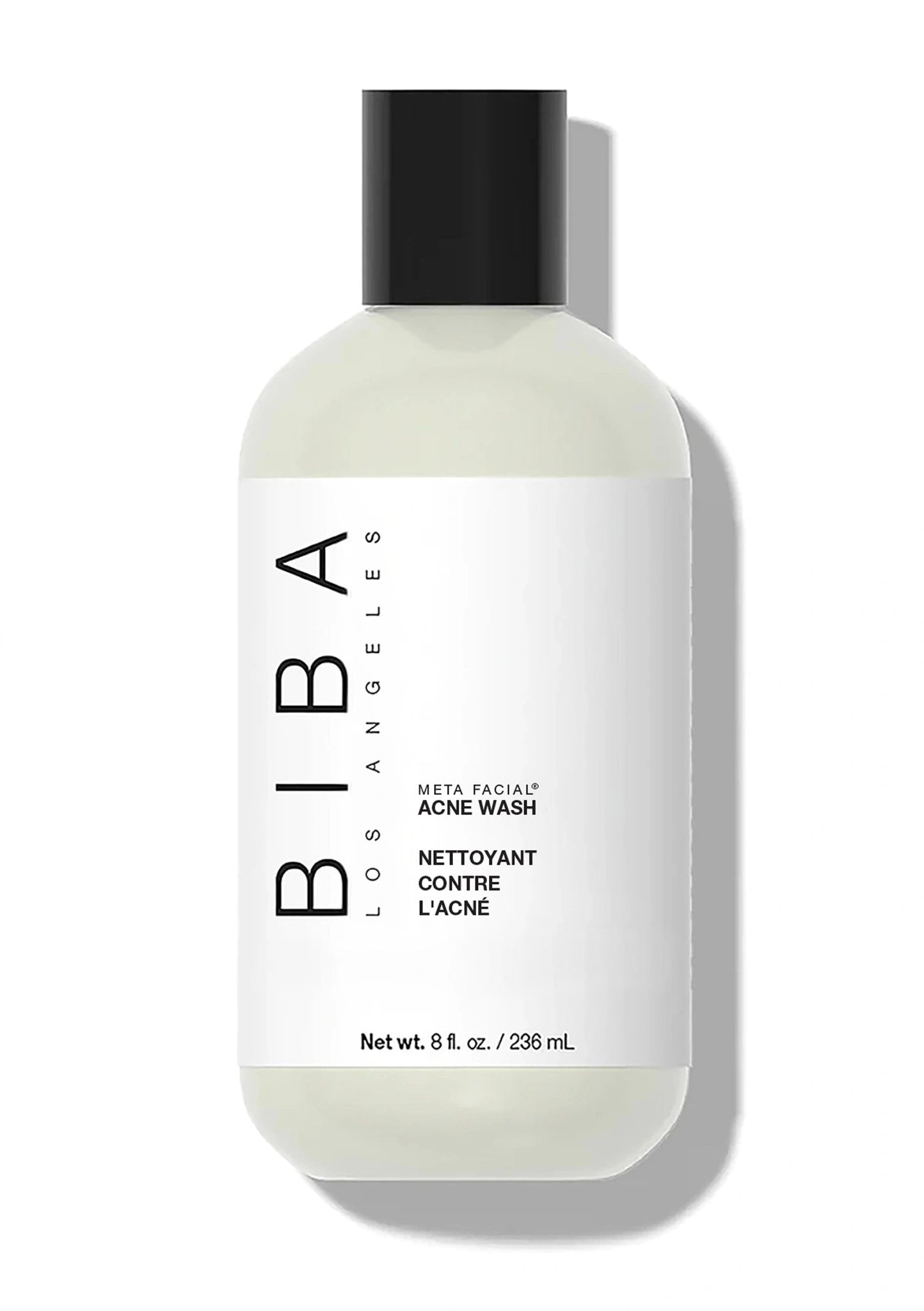 Biba Los Angeles Acne Wash cleanser in 8 oz bottle formulated with benzoyl peroxide to help clear acne-prone skin and reduce excess oil.