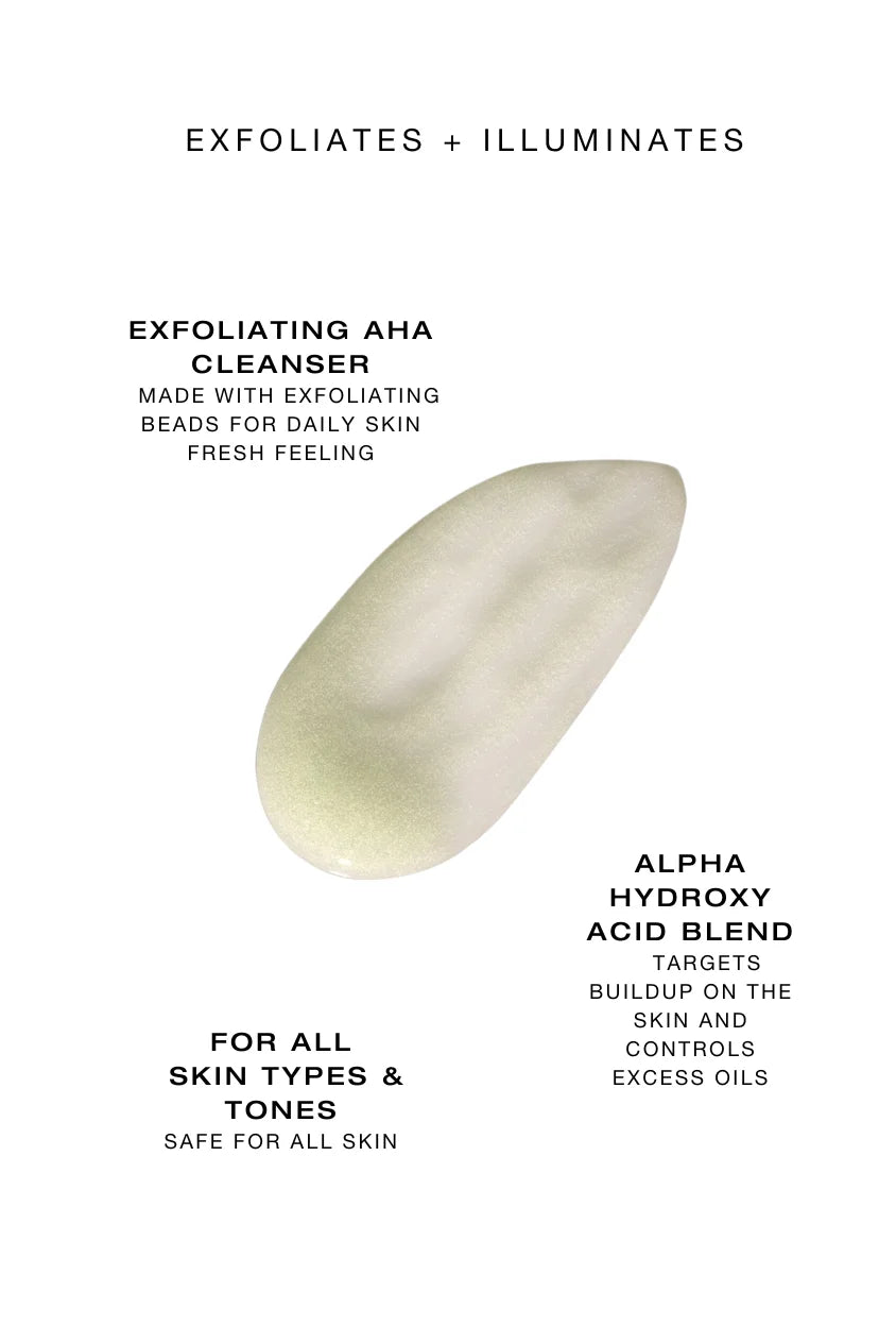 Biba Los Angeles Daily Cleanser exfoliating AHA face wash texture showing gentle exfoliating beads and alpha hydroxy acid blend for smoother, brighter skin