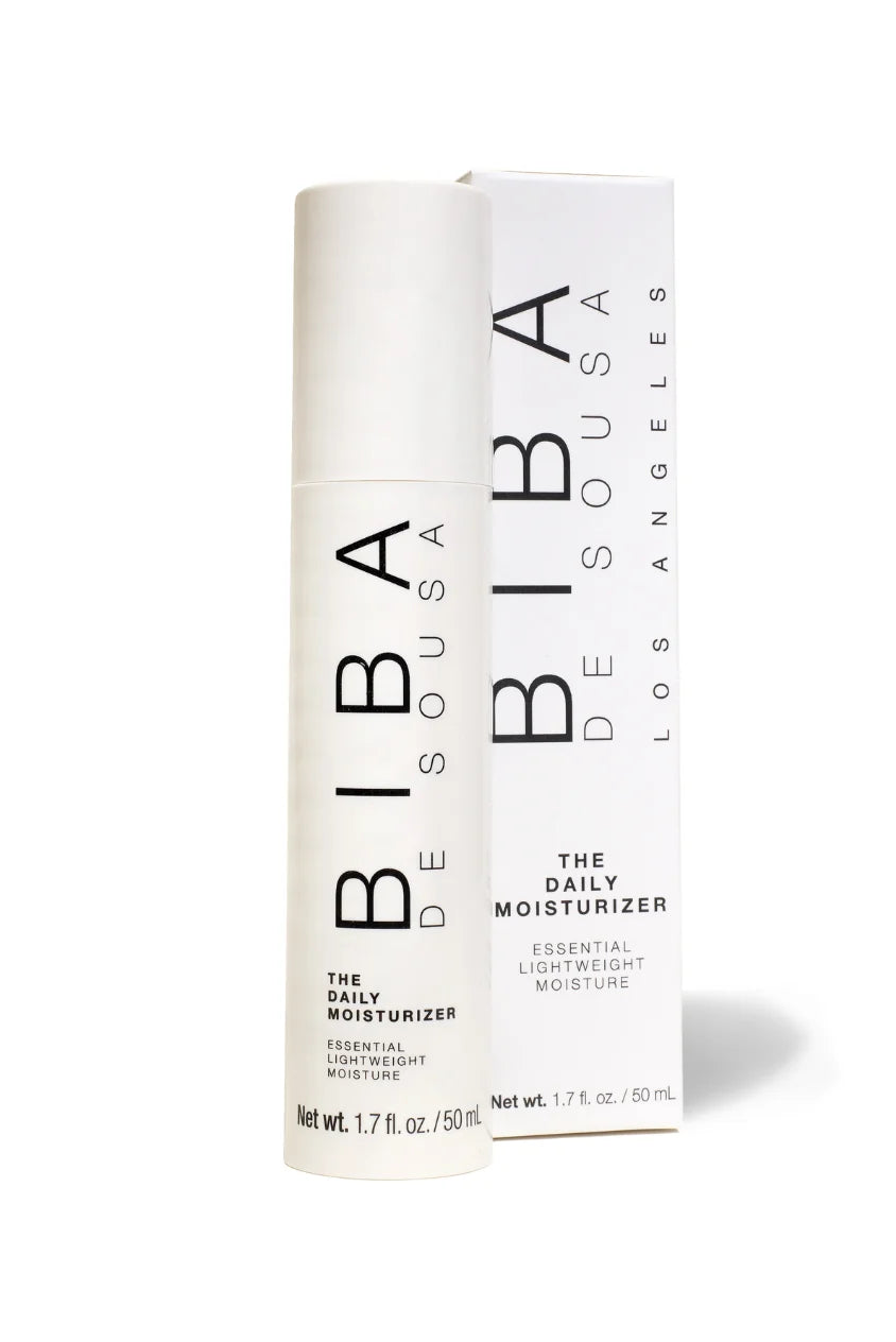 Biba de Sousa Daily Moisturizer in minimalist white pump bottle with matching box, featuring essential lightweight moisture for acne-prone and sensitive skin.