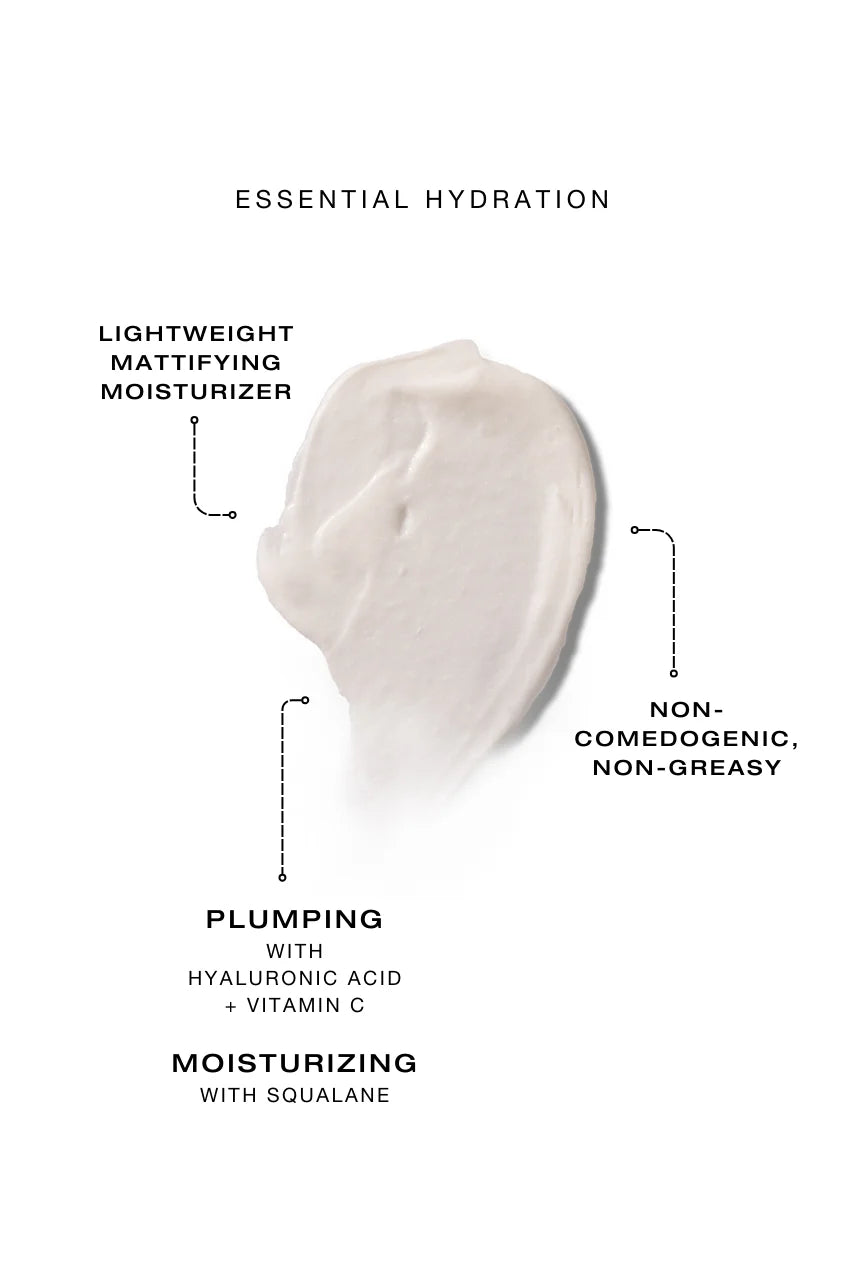 Texture swatch of Biba de Sousa Daily Moisturizer on a white background, highlighting lightweight mattifying hydration, non-comedogenic non-greasy formula, plumping with hyaluronic acid and vitamin C, and moisturizing with squalane.