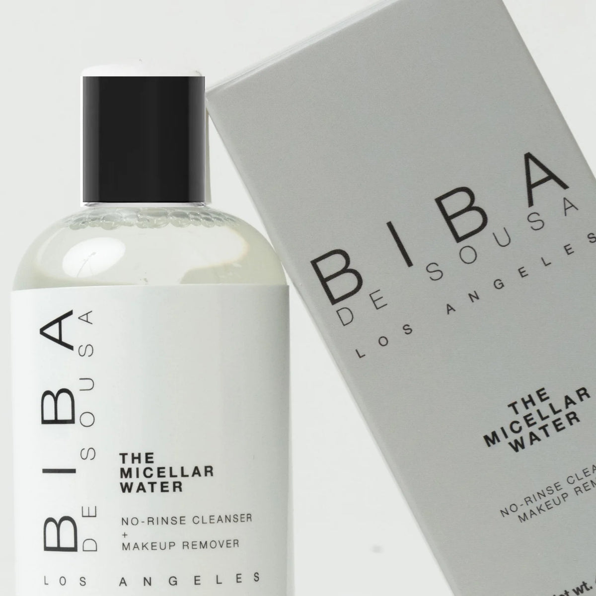 Biba Los Angeles Micellar Water no-rinse cleanser and packaging, gentle no-rinse makeup remover for sensitive and acne-prone skin
