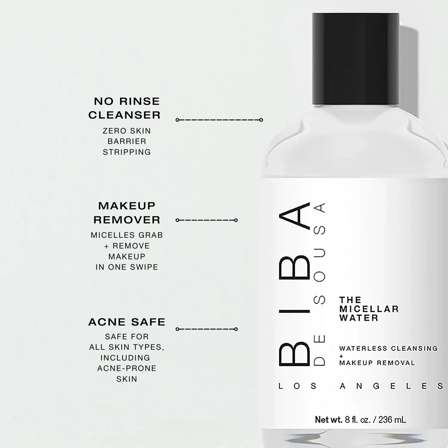  micellar water cleanser by Biba Los Angeles for acne-prone and sensitive skin, gentle  no-rinse makeup removal