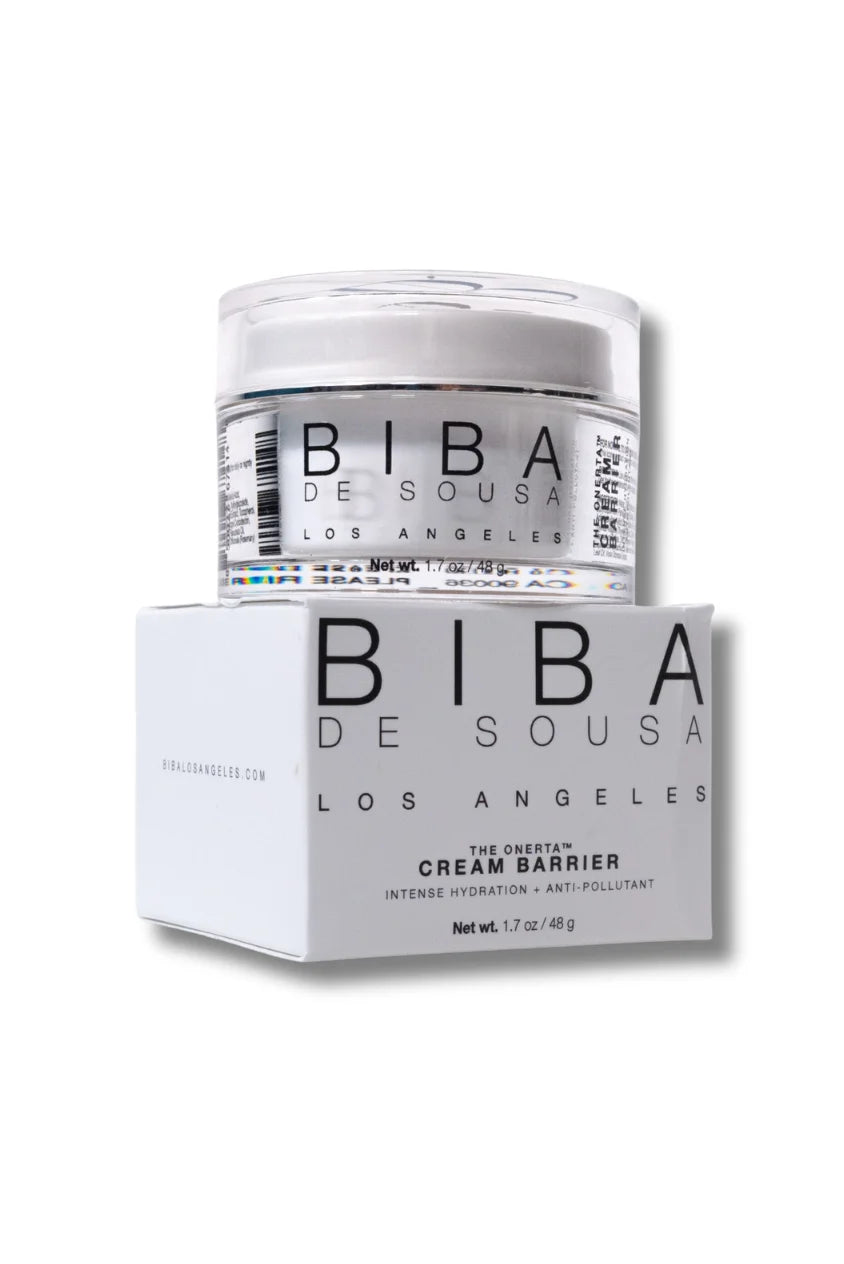 BIBA Los Angeles Cream Barrier moisturizer jar placed on top of its box, showing product packaging on a white background.