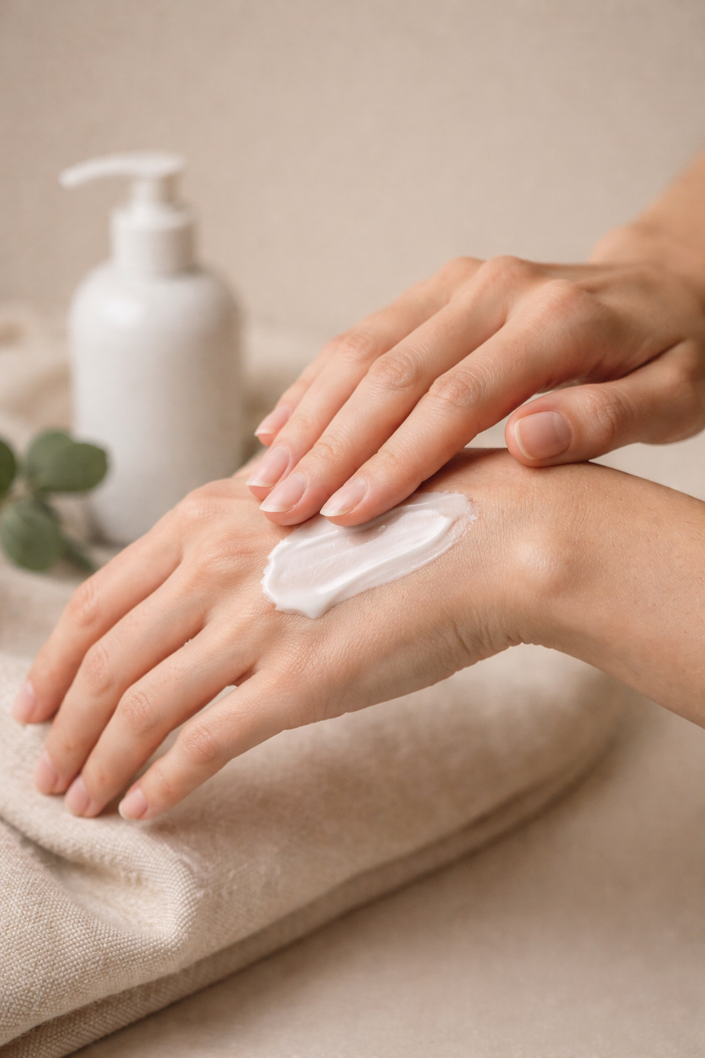 Hands applying moisturizing hand and body lotion, showing creamy texture and smooth hydrated skin.
