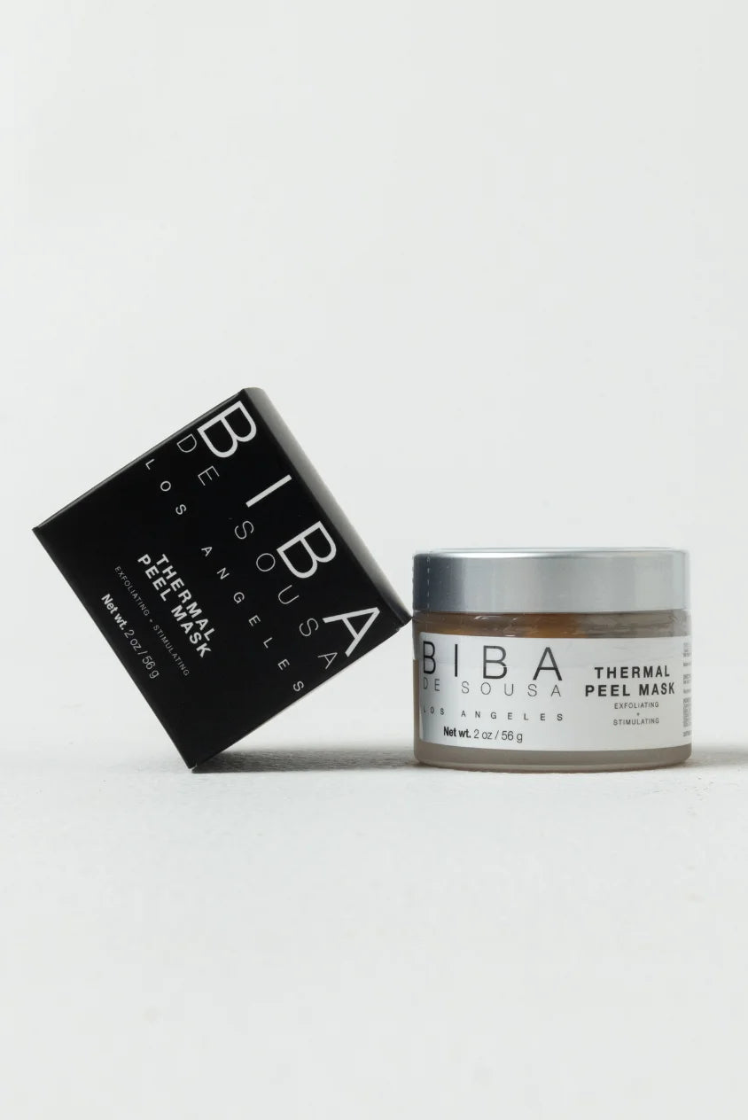 Biba De Sousa Los Angeles Thermal Peel Mask jar with silver lid next to its black product box, shown on a clean, neutral background.