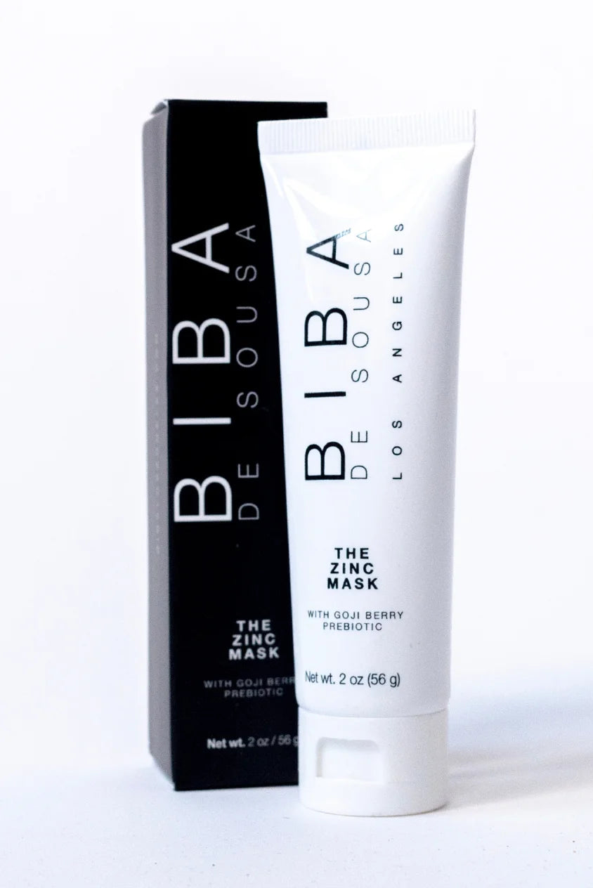 Biba Los Angeles Purifying Zinc Mask with Goji Berry Prebiotic shown in white tube with black outer box packaging, a zinc clay mask designed to purify pores and regulate oil in acne-prone skin