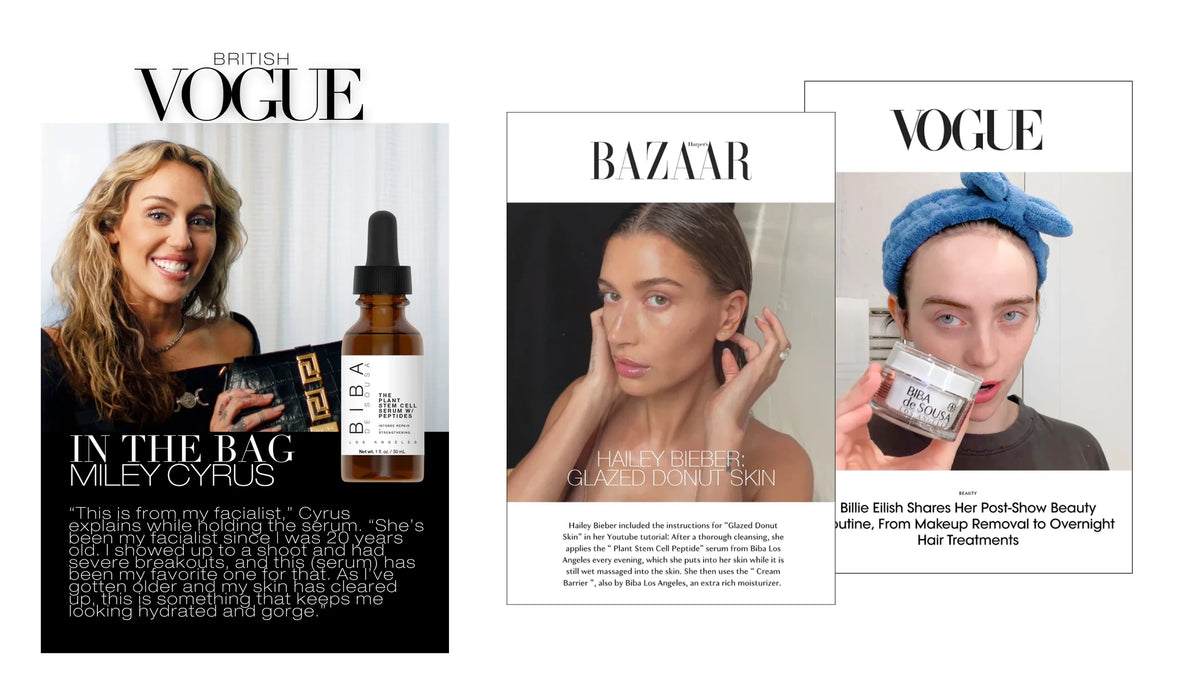 Hailey Bieber, Billie Eilish, and Miley Cyrus featured with Biba de Sousa Los Angeles skincare products in Harper’s Bazaar and Vogue.