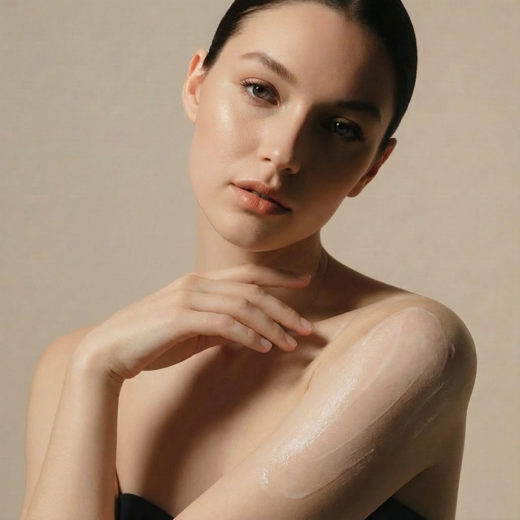 Woman applying moisturizing hand and body lotion to shoulder, demonstrating lightweight hydration and smooth skin finish.