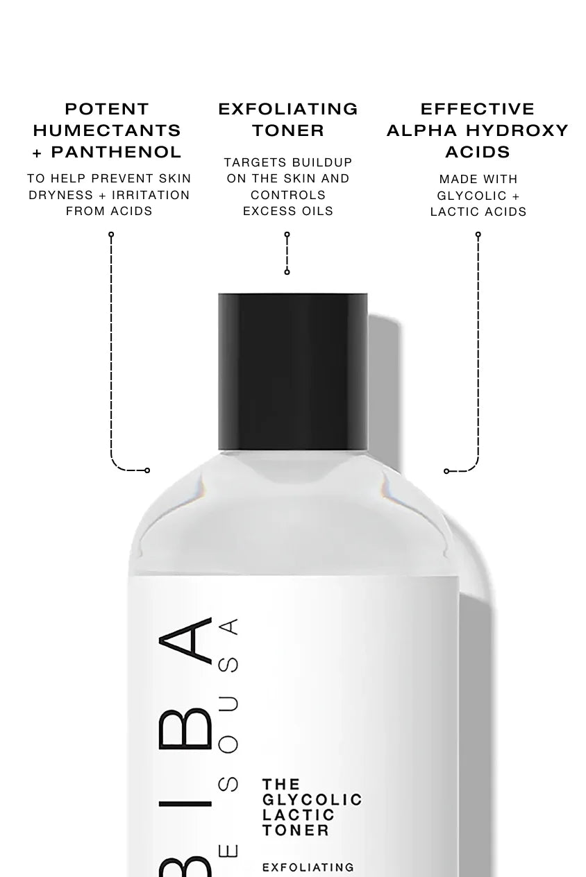 BIBA Los Angeles Glycolic Lactic Toner with callouts highlighting potent humectants and panthenol to reduce dryness, exfoliating action to target buildup and excess oil, and effective glycolic and lactic acids for smoother, balanced skin.