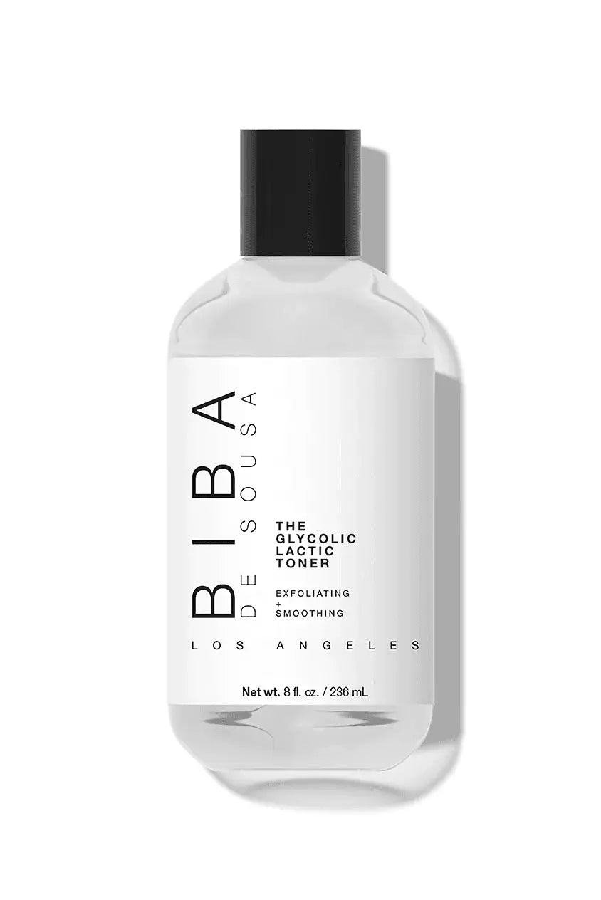 Glycolic Lactic Toner by Biba Los Angeles in clear bottle with black cap on light gray background, exfoliating and smoothing toner designed to support clearer, more refined-looking skin