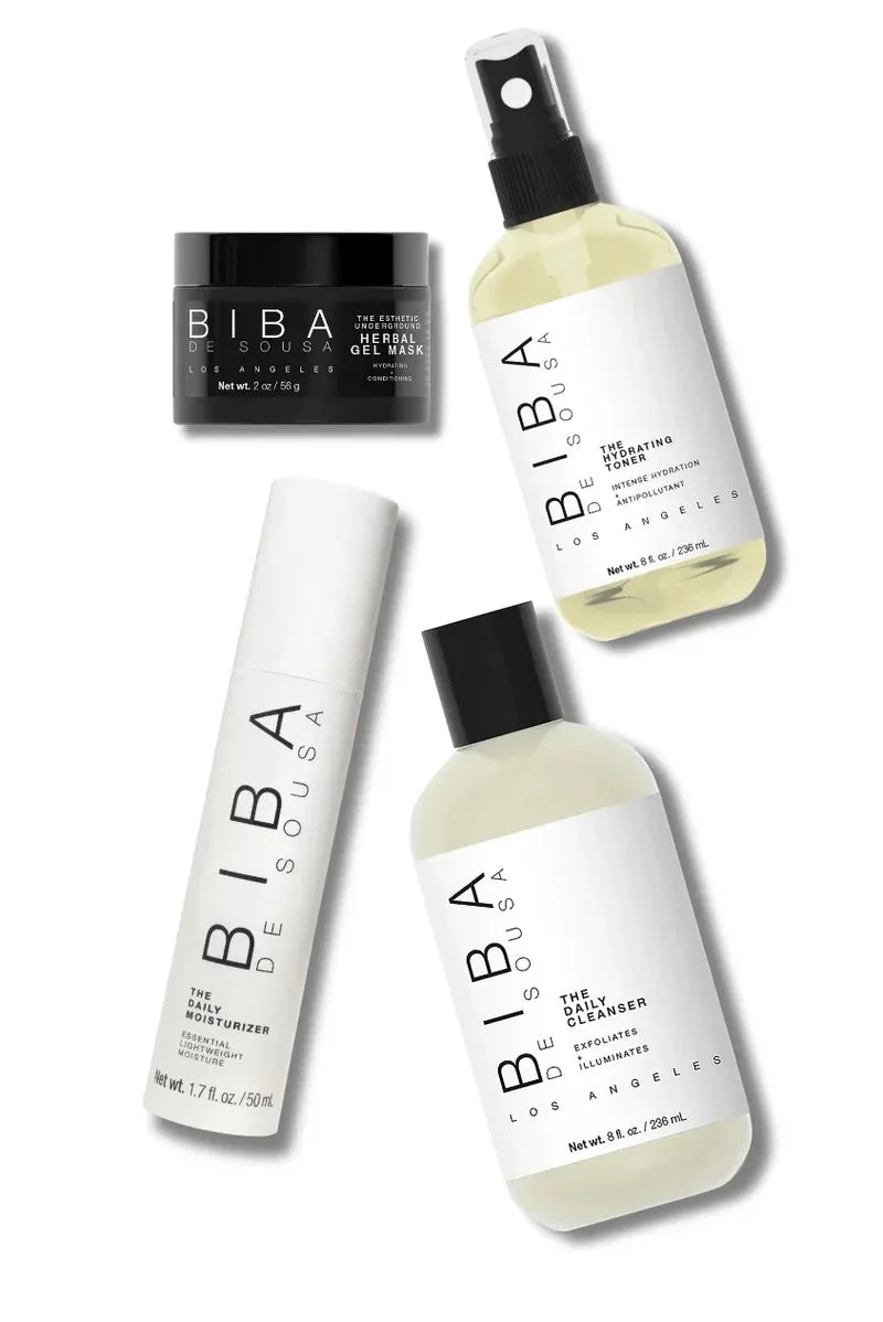 Biba Los Angeles Hydrating Bundle for Oily Skin featuring lightweight hydrating skincare products designed to balance oily and dehydrated skin.