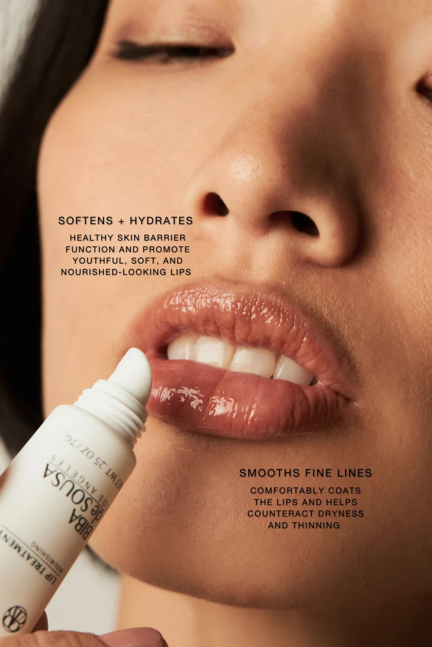 Peptide lip treatment balm applied to lips for hydration, softness, and smoothing fine lines