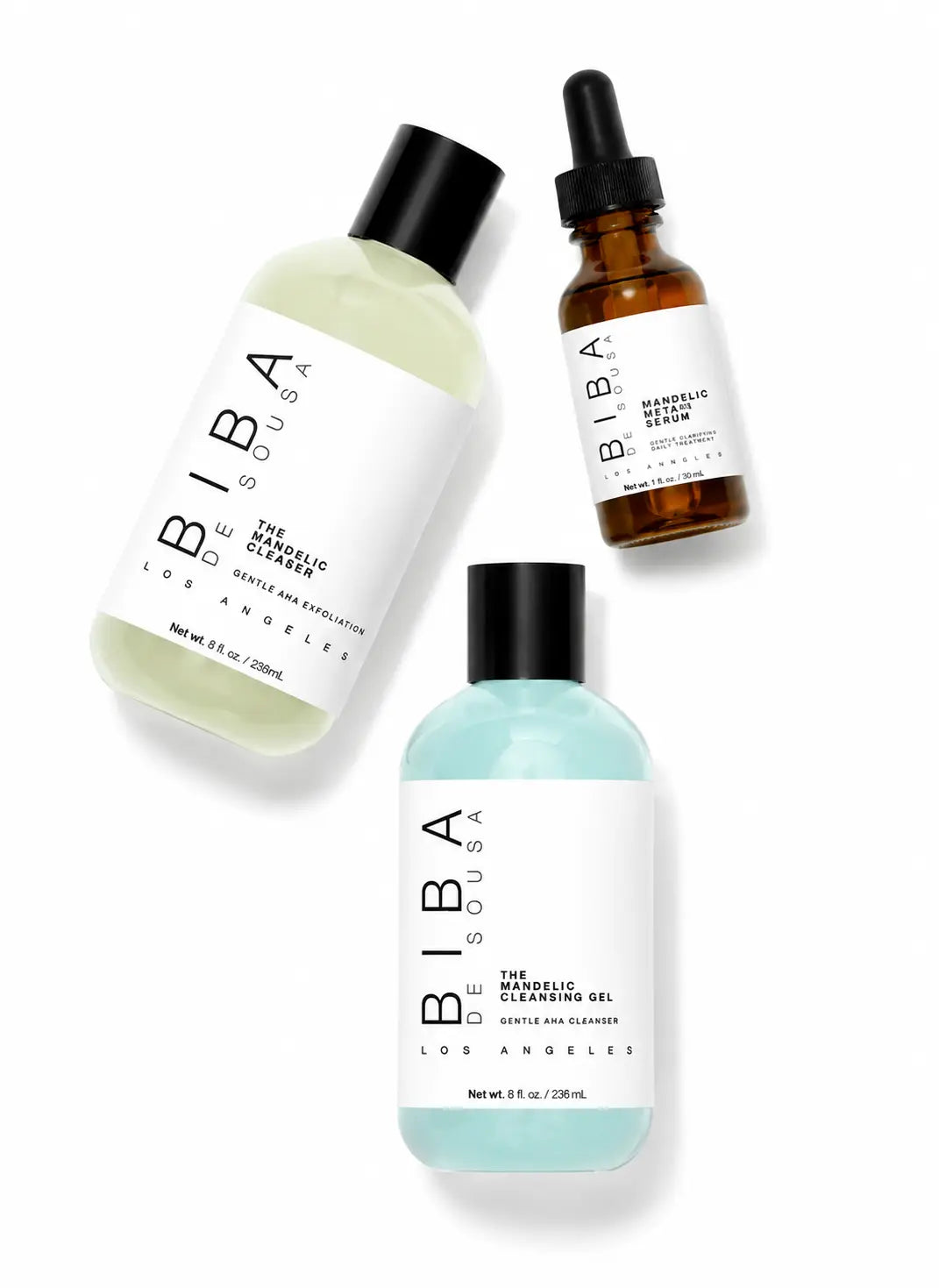 BIBA Los Angeles mandelic skincare set—cleanser, scrub, and serum for folliculitis, pigmented and acne skin. 