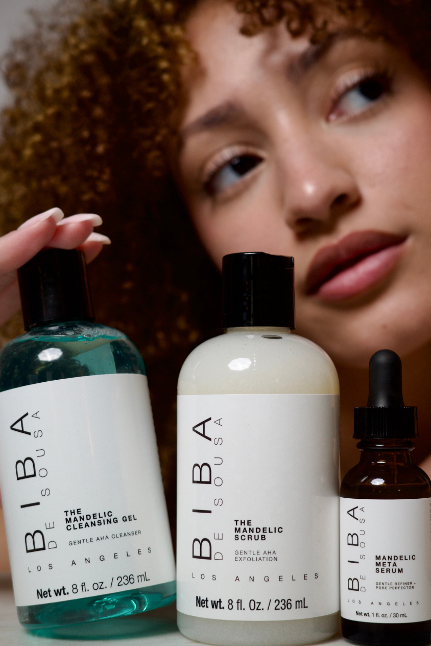 BIBA Los Angeles mandelic skincare set—cleanser, scrub, and serum for folliculitis, pigmented and acne skin. 