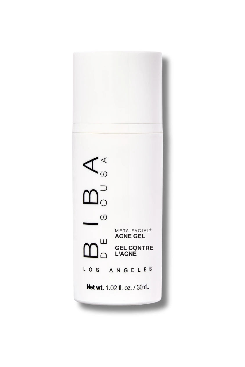 White bottle of META FACIAL® Acne Gel by Biba Los Angeles, a targeted 2.5% benzoyl peroxide treatment for active breakouts and acne-prone skin.