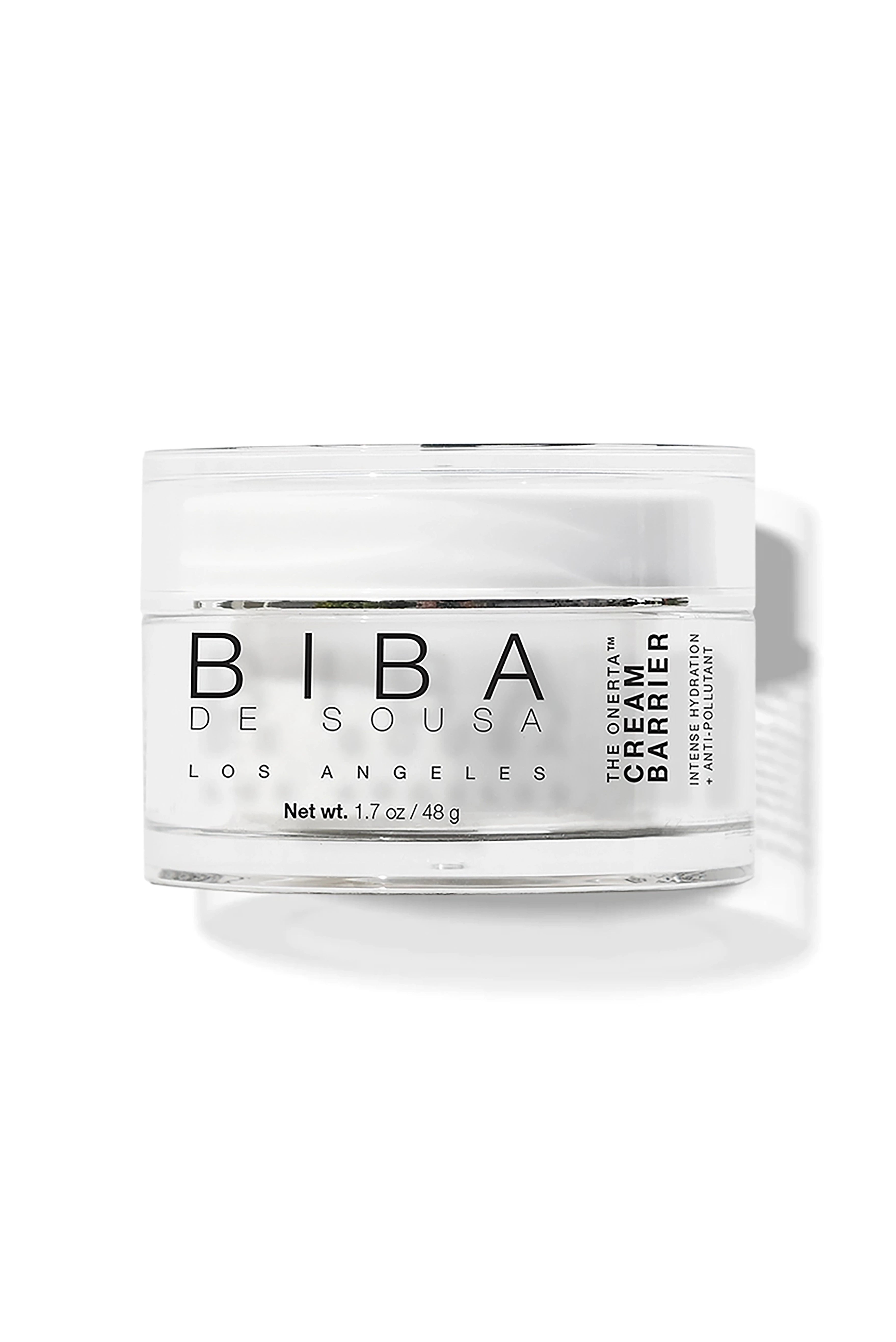 Biba Los Angeles Onerta Cream Barrier intensive hydration moisturizer in a clear jar with white cream and minimalist black typography.