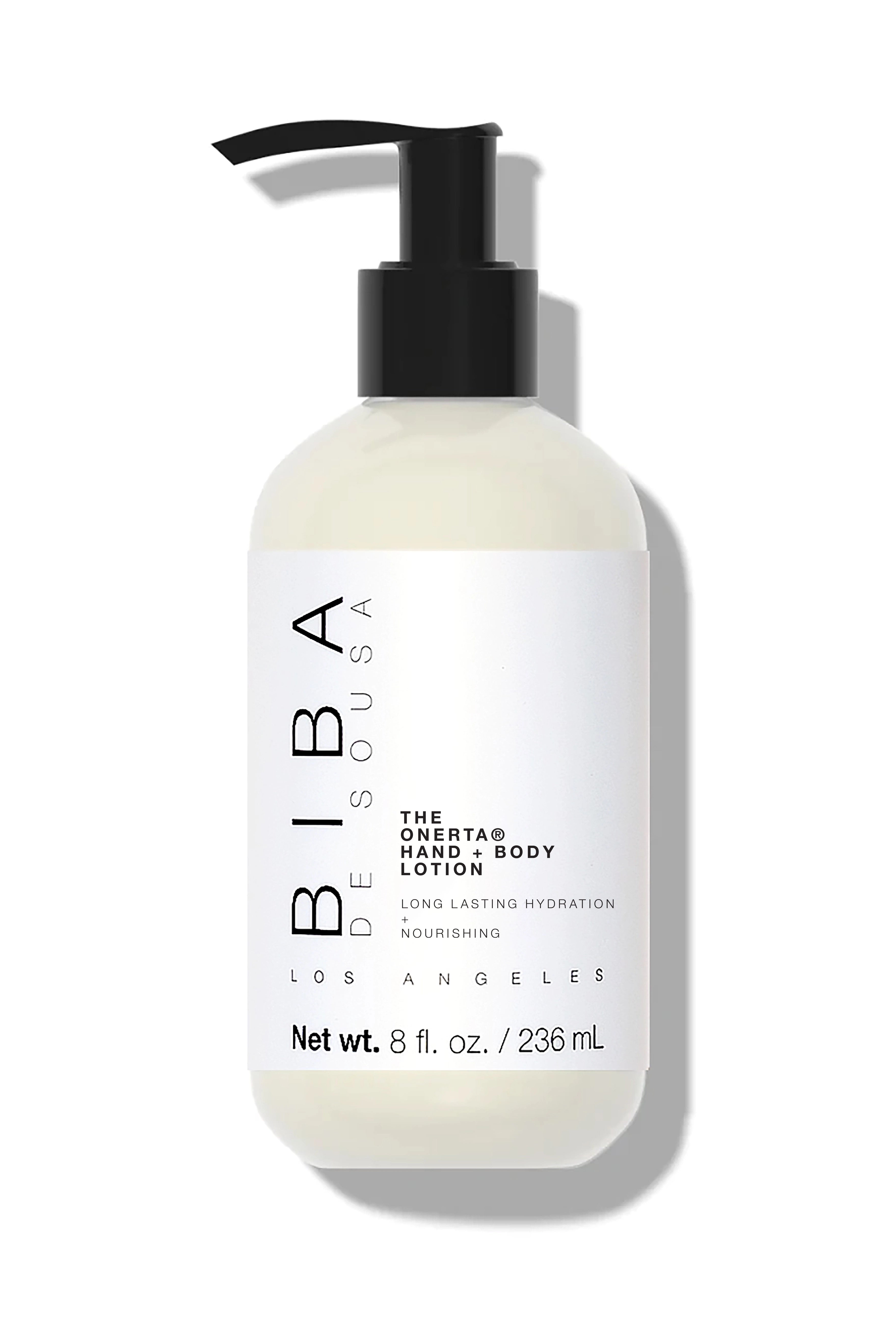 Onerta Hand and Body Lotion by Biba Los Angeles in pump bottle, barrier-support body moisturizer designed for long-lasting hydration and nourishment.