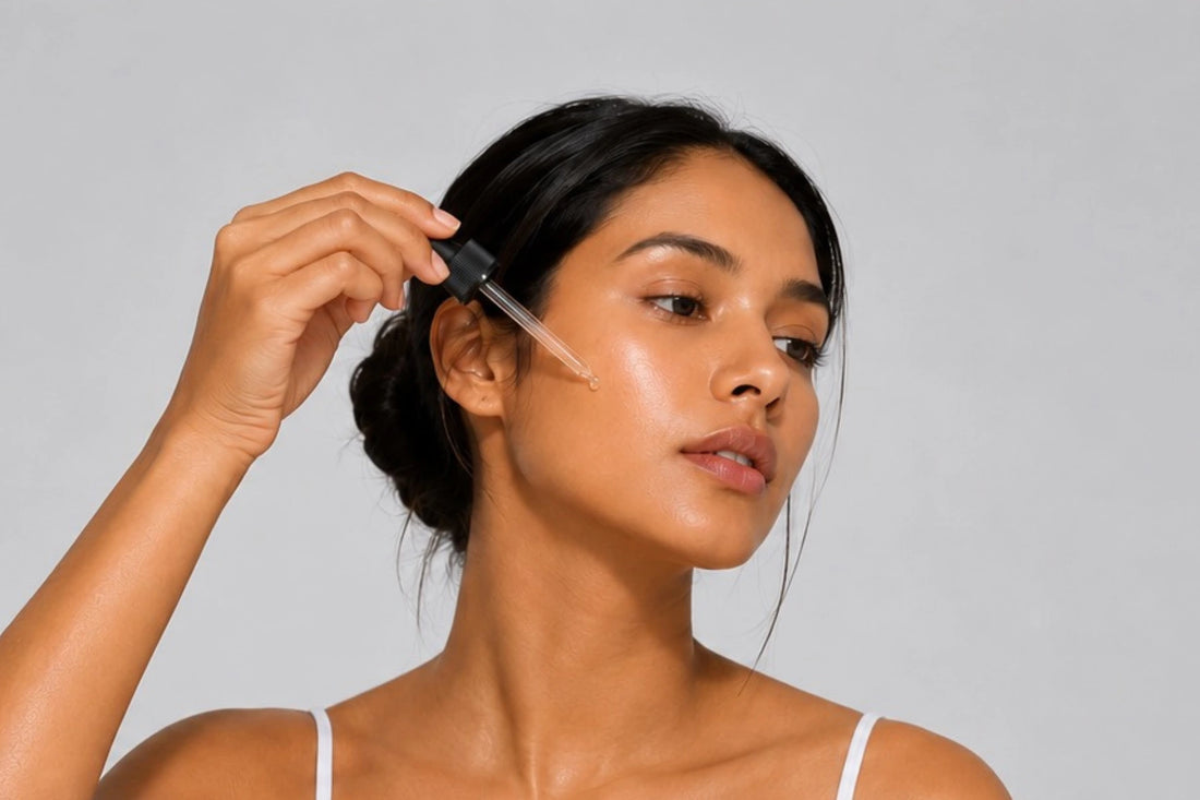Model applying facial serum with a glass dropper for hydrated, healthy-looking skin.