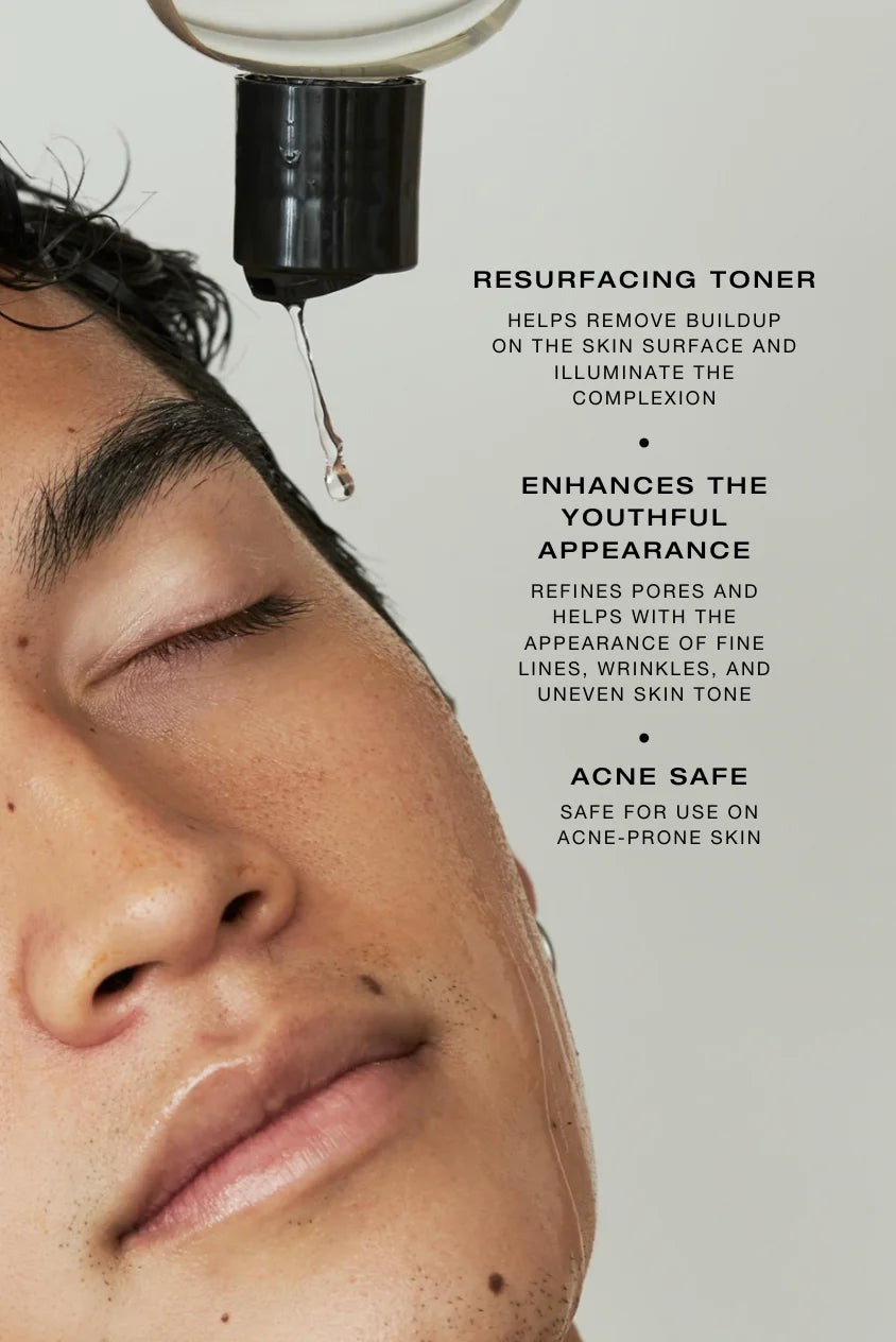 Close-up of model’s face with eyes closed as glycolic lactic toner drips from dropper onto skin, highlighting resurfacing benefits, smoother texture, refined pores, and acne-safe exfoliation.