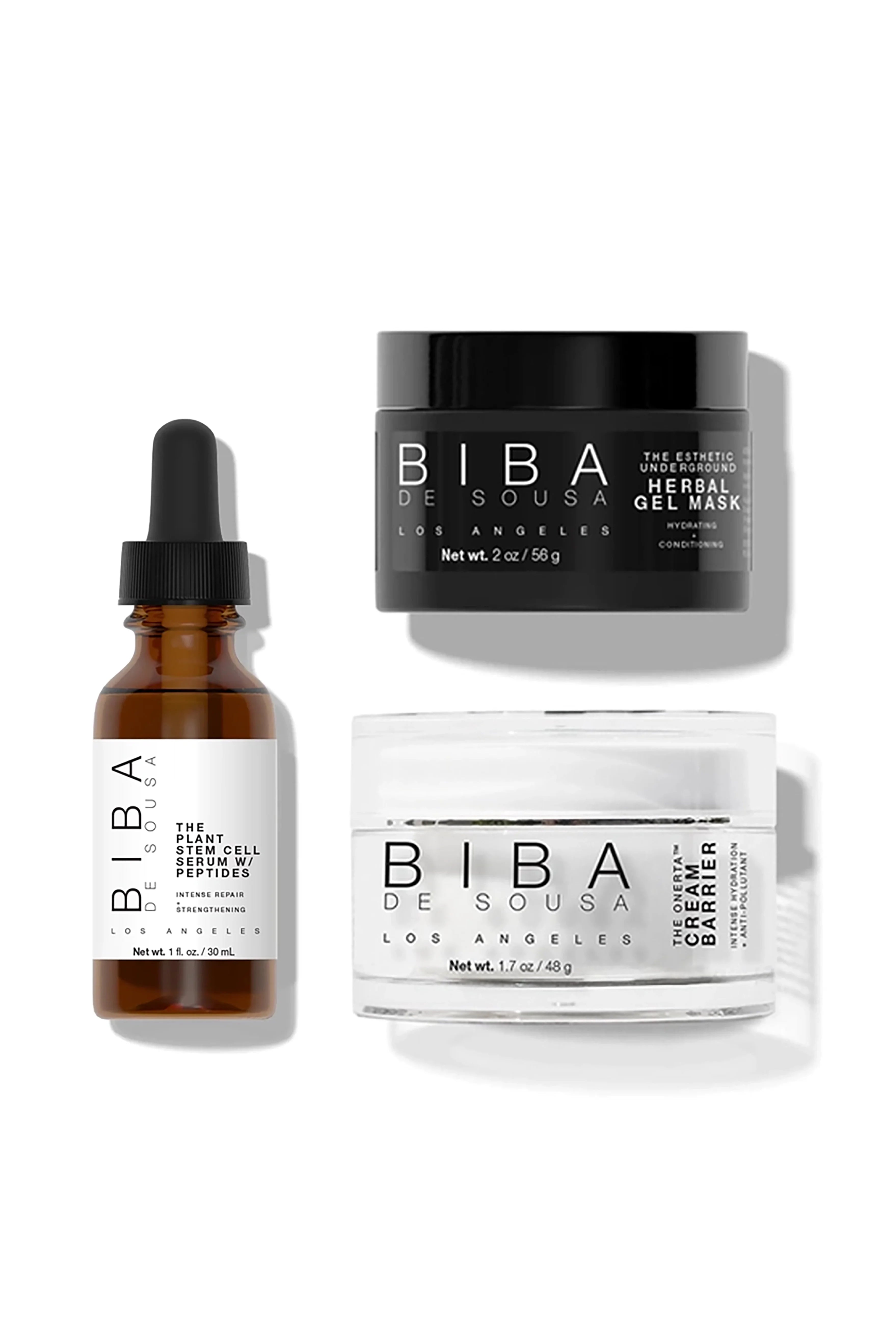 Biba Los Angeles Super Hydrating Bundle featuring Plant Stem Cell Serum, Onerta Cream Barrier, and Organic Herbal Hydrating Gel Mask for dry and dehydrated skin