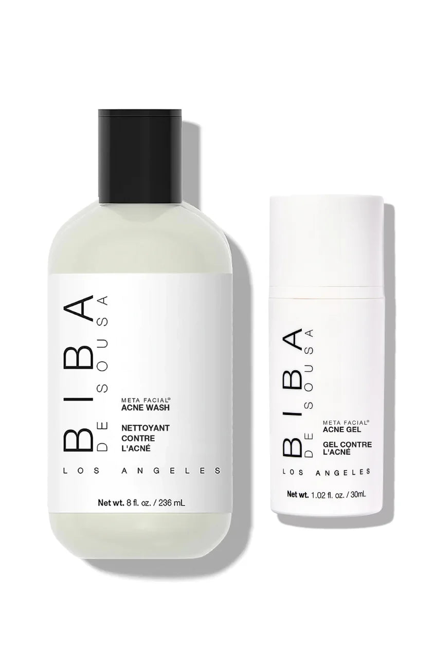 Biba Los Angeles The Acne Duo featuring Acne Wash and Acne Gel designed to support clearer acne-prone skin.